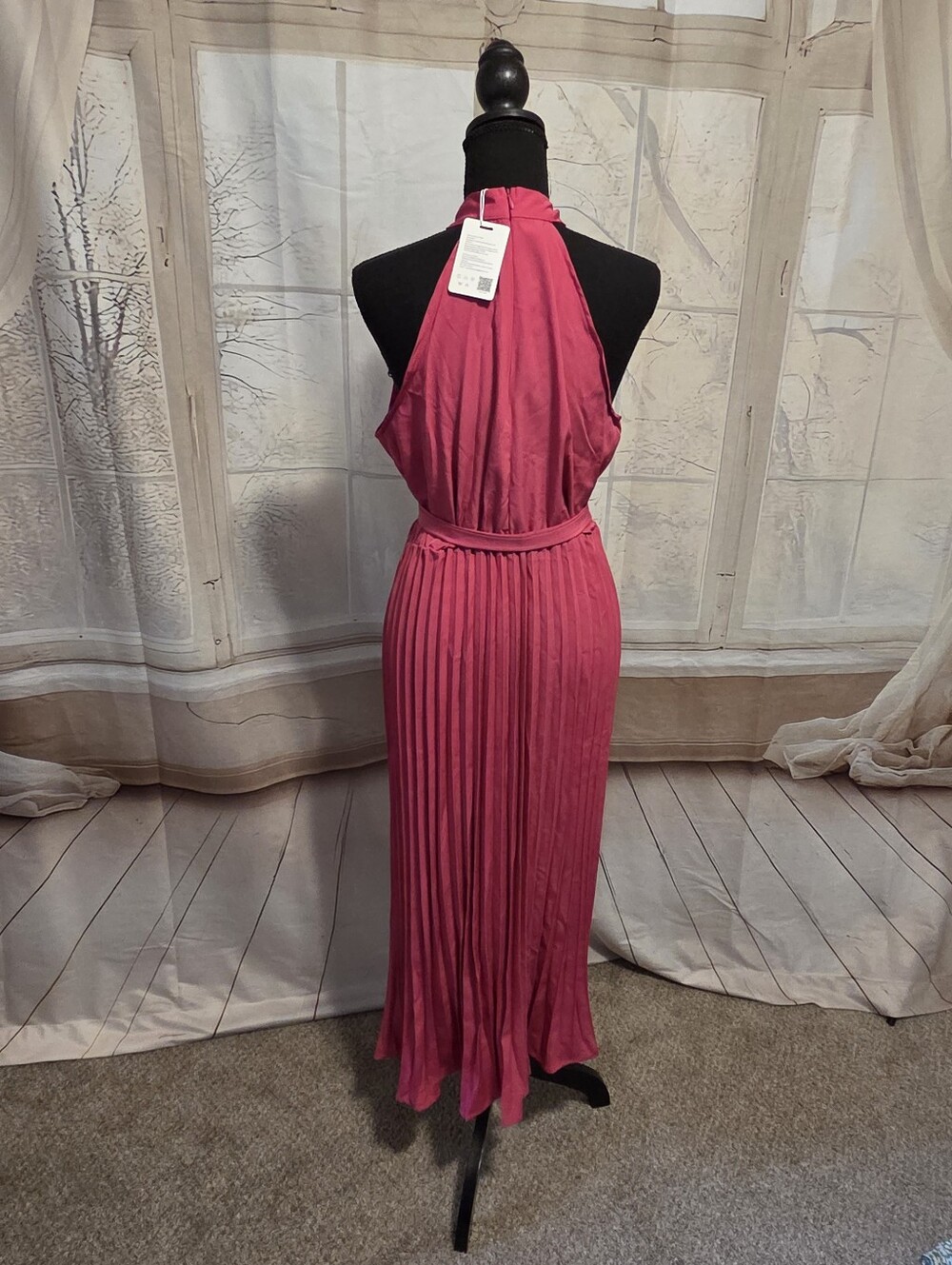 Women's Fuchsia Halter Pleated Midi Dress with Waist Tie - Picture 3 of 6